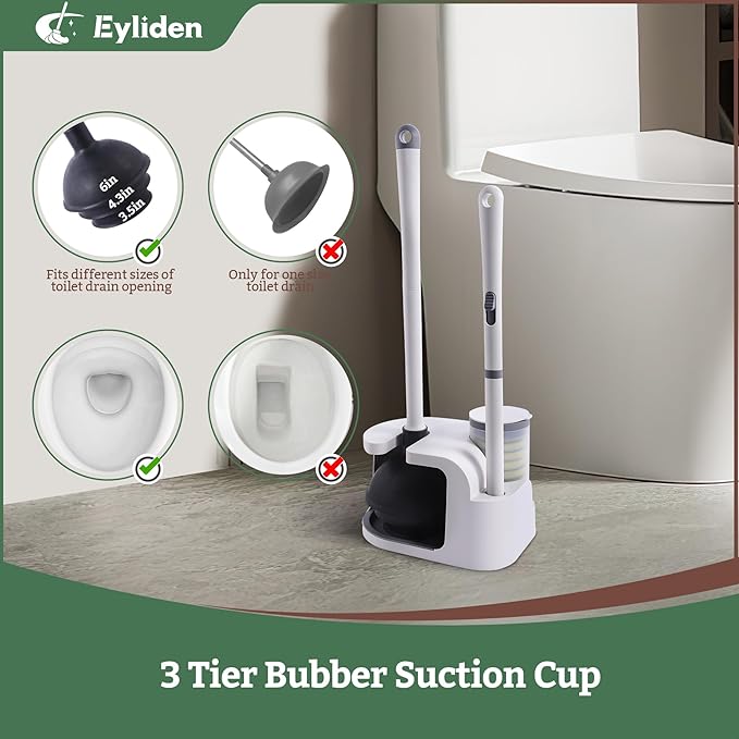 Eyliden Disposable Toilet Brush and Plunger Combo | 2-in-1 Toilet Bowl Wand Kit - 10 Count Pre-Soaked Refill Heads, 3-Step Plunger, Storage Holder - Compact Toilet Cleaning System (White)