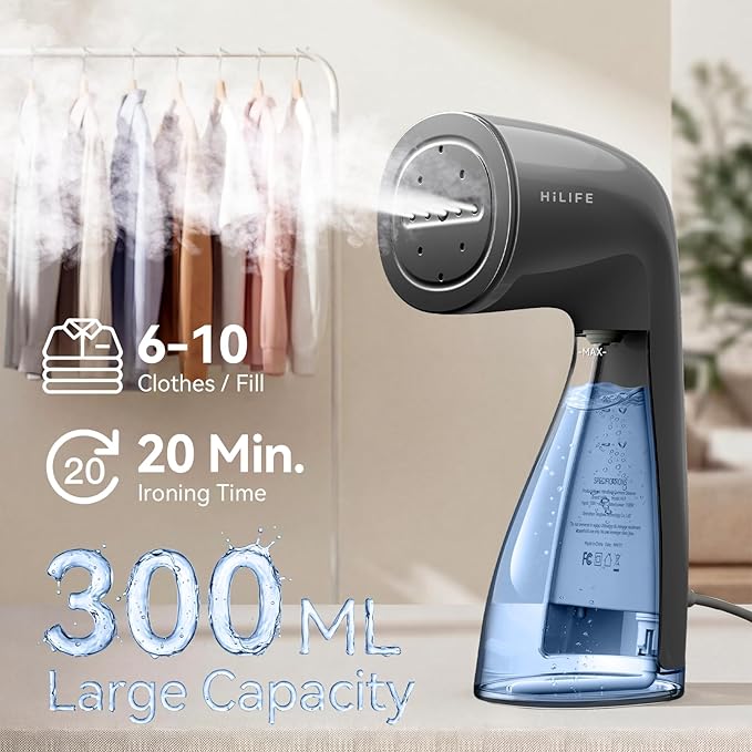 HiLIFE Steamer for Clothes, 1100W Clothes Steamer, Fast Wrinkle Removal with Large 300ml Tank, Ideal for All Fabrics, Easy to Use, Compact and Portable Travel Garment Steamer