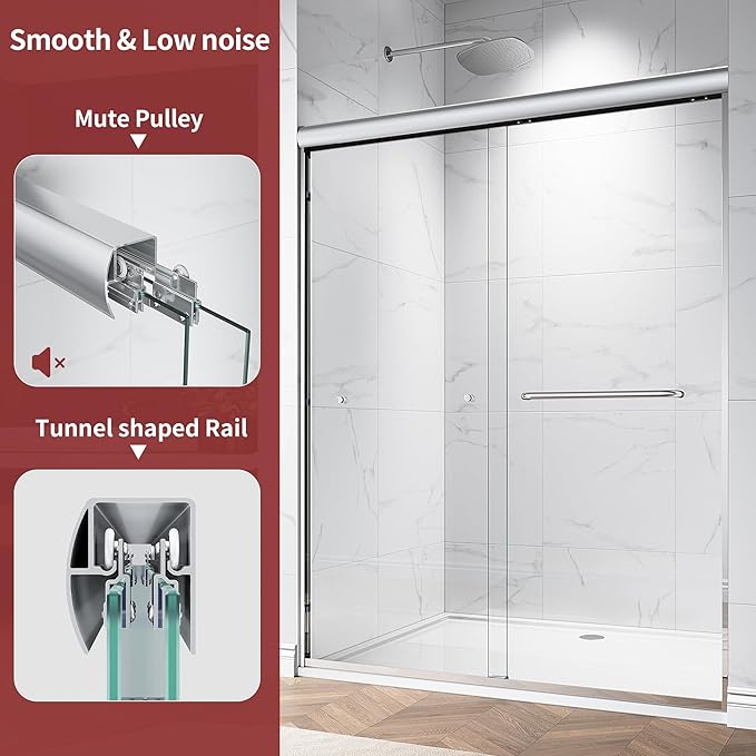 56-60" W x 72" H Semi-Frameless Double Sliding Glass Shower Door, 1/4" (6mm) Clear Tempered Glass, Bypass Sliding Shower Door for Bathroom, Easy to Clean (Chrome, 60" W x 72" H)
