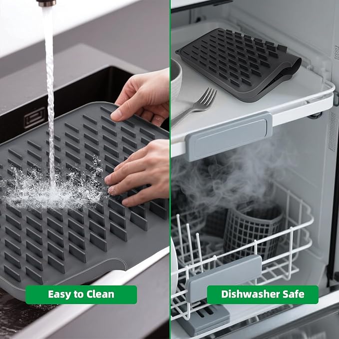 LONGKING Grey Non-Slip Dish Drying Mat - Multi-Use Silicone Mat & Dish Drying Rack for Kitchen Counter