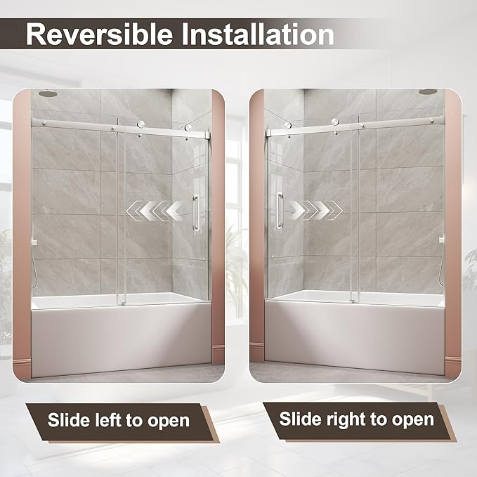 Frameless Bathtub Shower Door, Tub Sliding Door with Nano Coating & Safety Film, 1/4" (6mm) SGCC Tempered Glass，Adjustable 55"-60" W x 60" H, Brushed Nickel