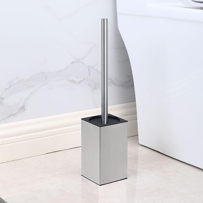 Toilet Brush and Holder, Stainless Steel Square Toilet Bowl Brush Freestanding with Lid,Toilet Cleaner Brush Set for Bathroom Storage,Brushed Silver