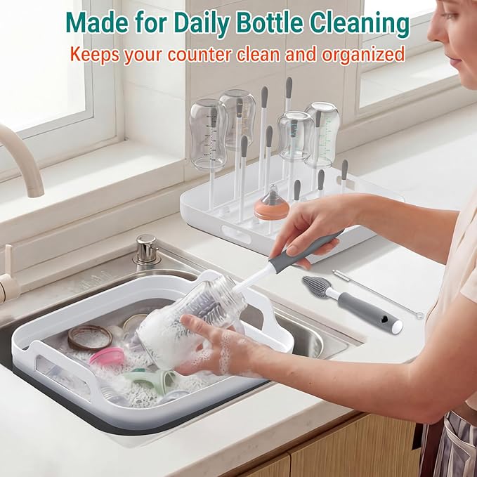Collapsible Wash Basin for Baby Bottles with Drying Rack – 2.4 Gallon Foldable Dish Tub with Handles, Portable RV Camping Sink & Space-Saving Wash Bin with Lid for Kitchen, Travel & Outdoor