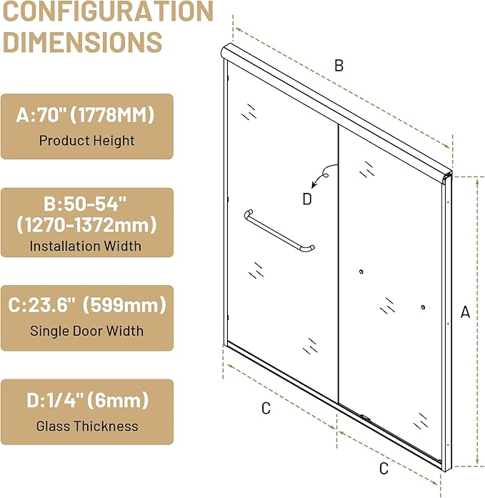 50-54" W x 70" H Double Sliding Shower Door, Semi-Frameless Shower Door with 1/4"(6mm) Clear Tempered Glass, Silent Soft-Close Door for Walk-in Shower, Matt Black