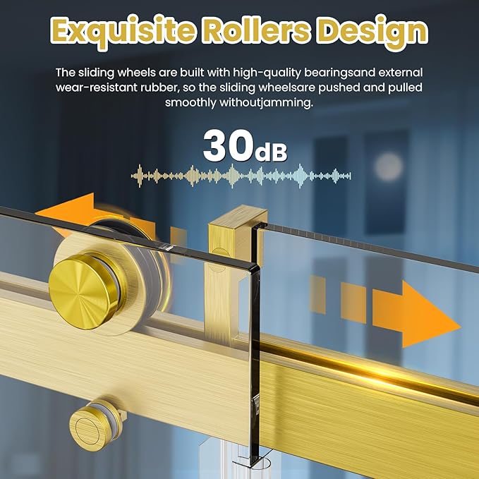 Shower Door 56–60 in W x 76 in H 3/8" Tempered Glass Sliding Shower Door Frameless Brushed Gold Soft-Close with Buffer Reversible Installation for Modern Bathroom