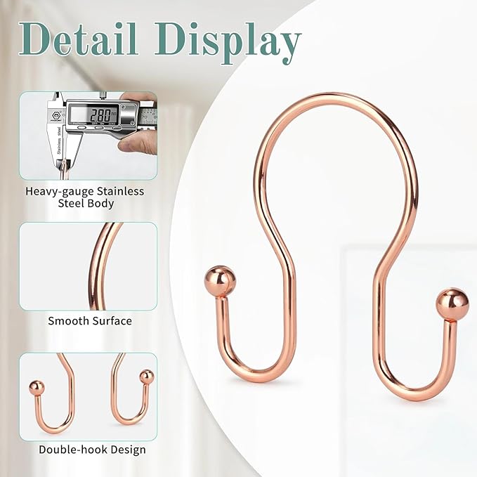 Goowin Shower Curtain Hooks, 12 Pcs Shower Curtain Rings, Stainless Steel Shower Curtain Hangers, Metal Shower Curtain Hooks Rings Rust Proof, Minimalist Shower Hooks for Shower Curtain, Rose Gold