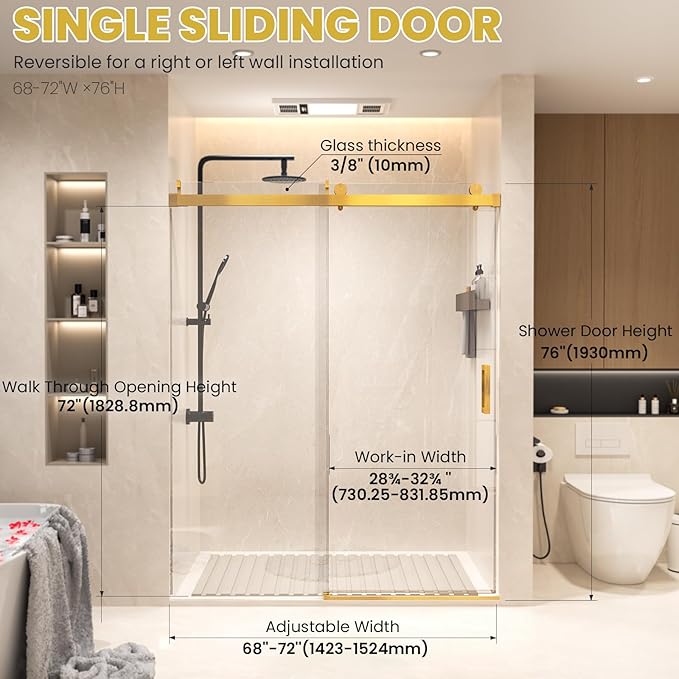 Shower Door 68–72in W x 76 in H, 3/8" Tempered Glass Sliding Shower Door, Frameless Brushed Gold, Soft-Close with Buffer, Reversible Installation for Modern Bathroom