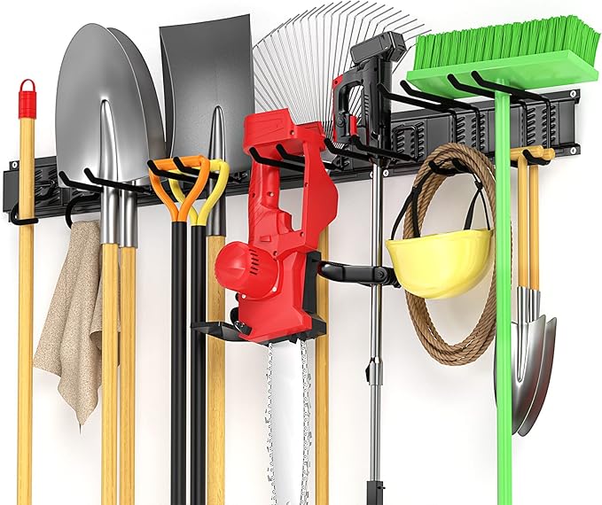 Garage Tool Organizer Wall Mount Garden Tool Organizer 11pcs Adjustable Garage Organizers with 8 Heavy Duty Hooks, Max Load 500lbs Garage Storage for Yard Garden Tools, Shovels, Trimmers, Hoses