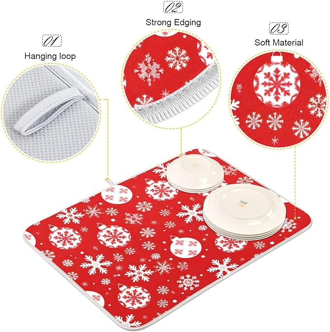 Christmas Snowflake Ball Baubles Dish Drying Mat for Kitchen Counter Absorbent Microfiber Drying Pad, Medium 16x18 in