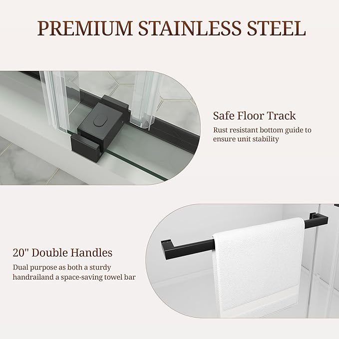 56-61" W x 79" H Frameless Shower Door, Double Sliding Glass Shower Door with 3/8" (10mm) SGCC Tempered Glass, Dual 304 Stainless Towel Bars Bathroom Shower Glass Door (Matte Black)