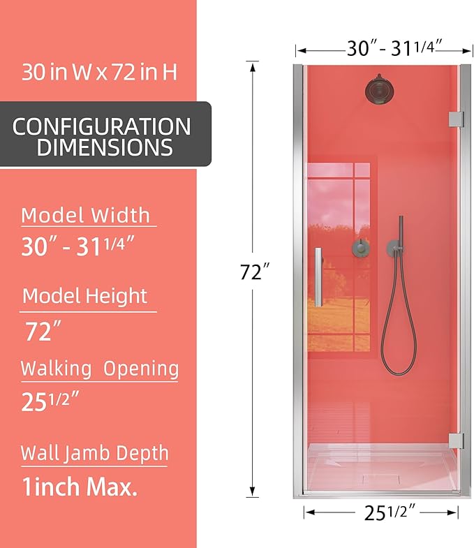 GETPRO Frameless Pivot Shower Door Hinged 30 in. W x 72 in. H Swing Single Small Shower Door 1/4 inch Tempered Glass Panel Adjustable Right Hinged Bathroom Door for Shower Chrome Hardwares