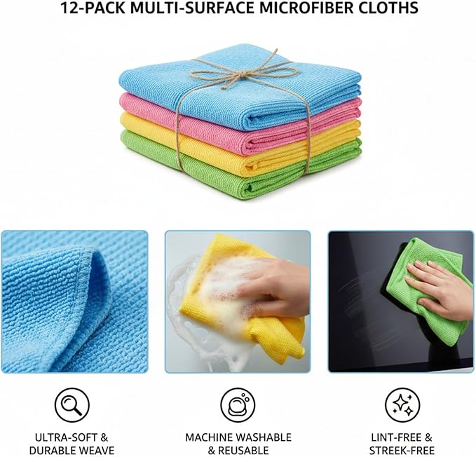 Microfiber Cleaning Cloths | Ultra Absorbent | Lint Free | Streak Free | Non-Abrasive | Reusable and Washable | 12" x 12" | Pack of 12