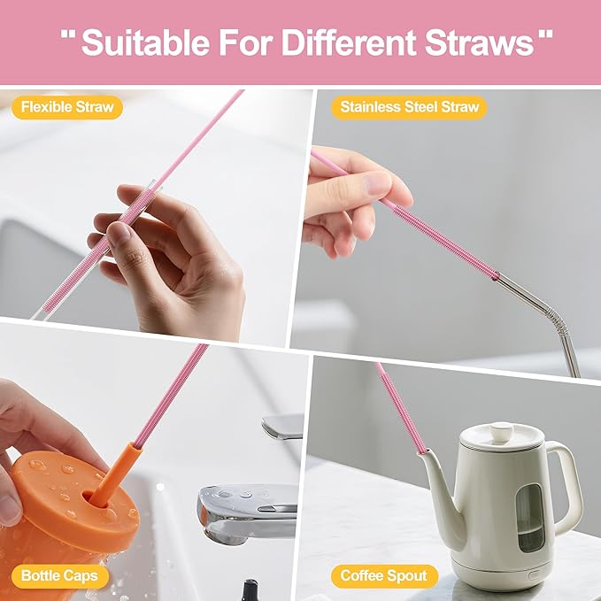 Silicone Straw Cleaner Brush - 4 Pcs Straw Brush for Water Bottle Sippy Cup Tubes Glass Straws, Reusable Bendable and Dishwasher Safe Orange