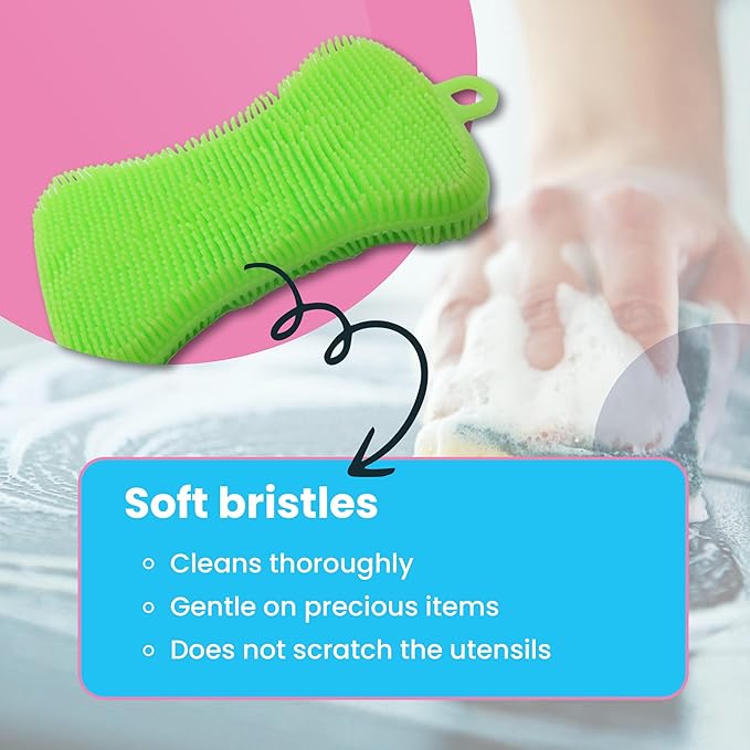 Silicone Dish Sponge - Dishwashing Kitchen Scrubber - Double Sided Sponge Brush - Multipurpose & Reusable Silicone Dish Sponges for Dishes, Fruits & Vegetables Cleaning - Pink (3 Pack)