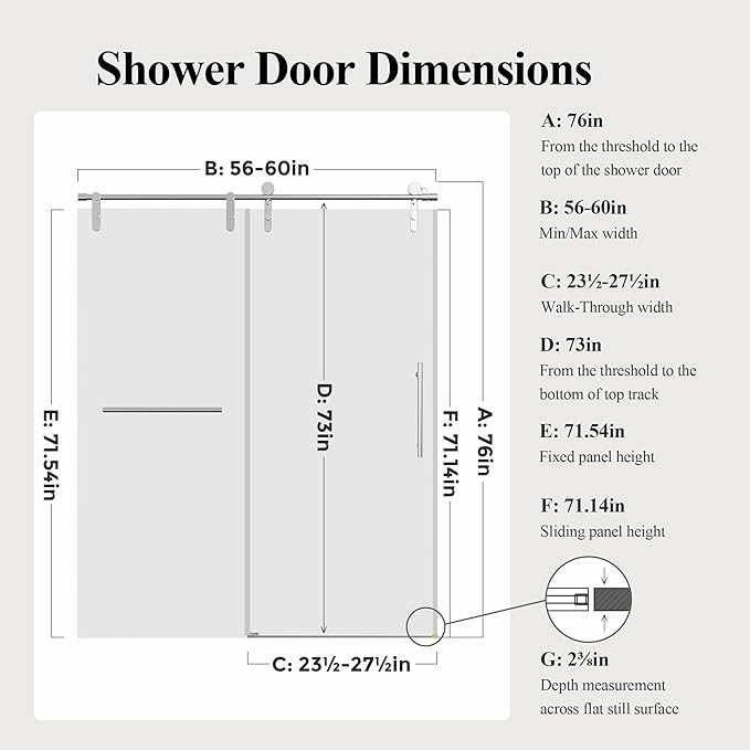 56-60" W x 76" H Frameless Single Sliding Shower Door, Bathroom Glass Shower Doors with 5/16" (8mm) SGCC Tempered Glass, Stainless Steel Towel Rail Handle and Heavy Duty Frame, Chrome