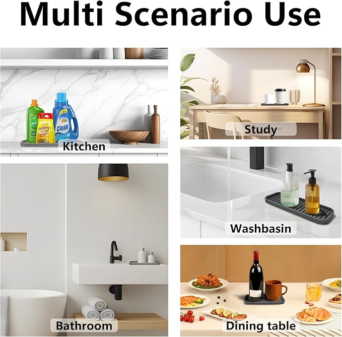 Mofason Silicone Sponge Holder Kitchen Sink Organizer Tray Dish Caddy Soap Dispenser, Scrubber Spoon Holder, Dishwashing Accessories (Black, 2 Pack)