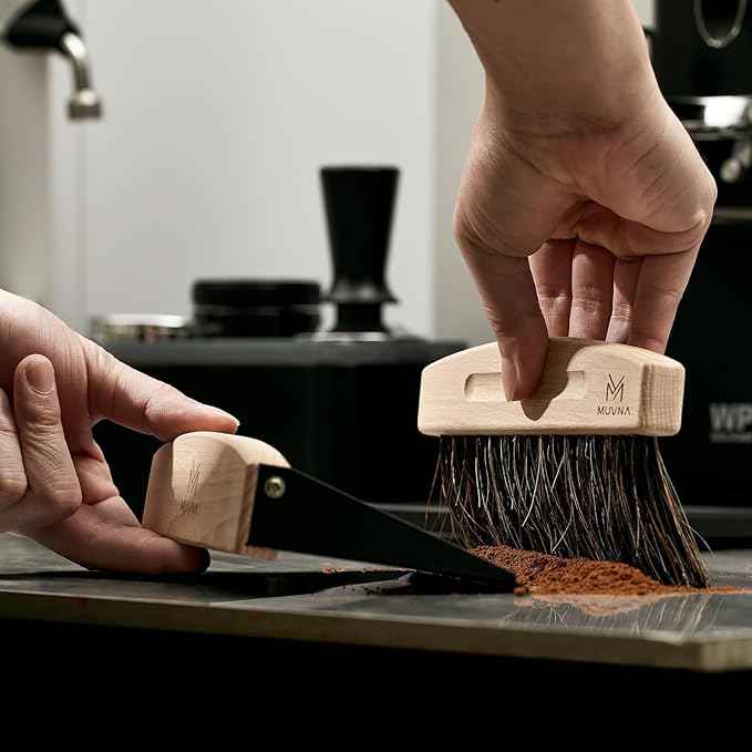 Coffee Dust Pan and Brush Set - Mini Hand Broom and Dustpan Set, Magnetic Natural Horsehair Espresso Brush, FAS Birch Wood Barista Tools for Tamping Station & Coffee Bar Countertop, Black