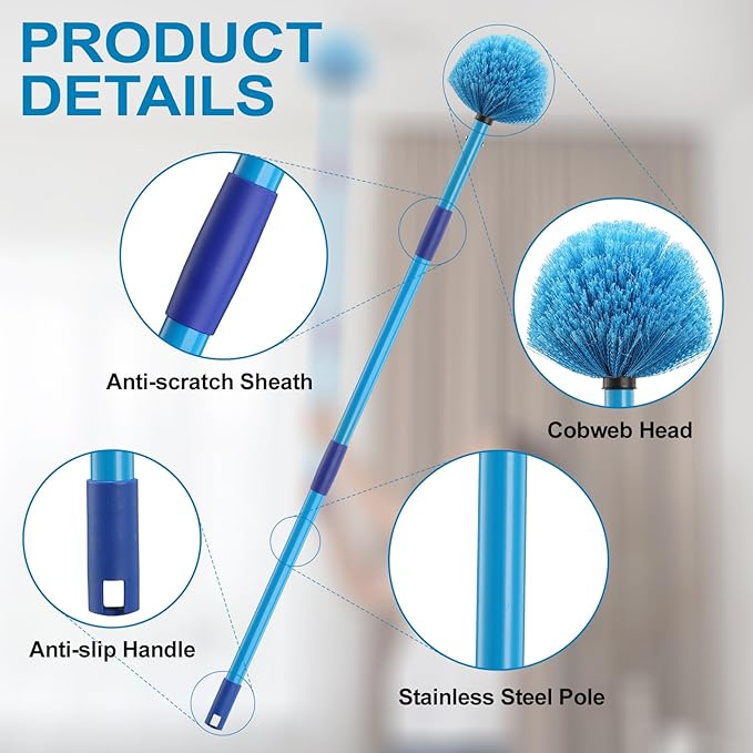 Dusters for Cleaning,Duster, Cobweb Duster with Extension Pole, Medium Stiff Bristles Cobweb Duster Head Ceiling Fan Duster Webster Cobweb Duster for Outdoor Indoor Cleaning (Blue, 8 FT)