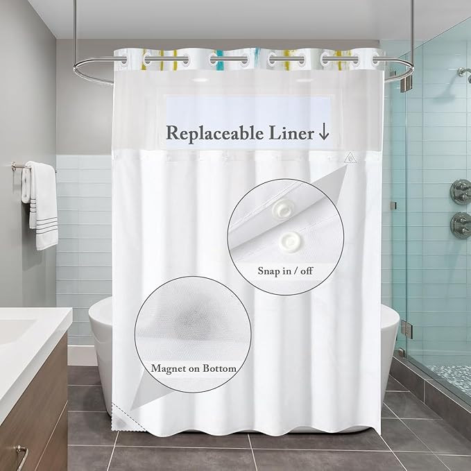 No Hook Shower Curtain with Snap in Liner, Hotel Style Teal Blue White Gold Brush Strokes Art Modern Shower Curtain Waterpoof Washable with See Through Top Window,71"x71"