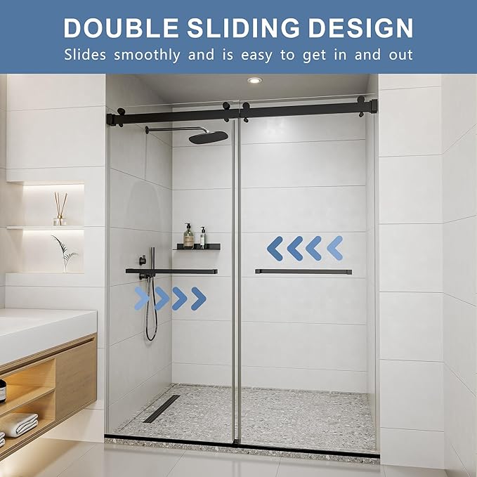 50-54" W x 76" H Frameless Shower Door, Double Sliding Glass Shower Door with 5/16" (8mm) Clear SGCC Tempered, Roller Disc System, 304 Stainless Steel (Matte Black, 50-54" W*76" H)