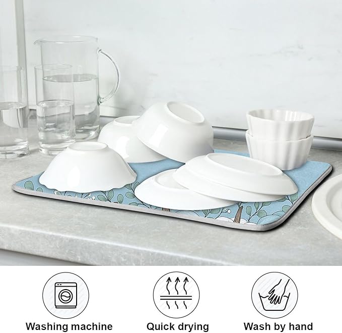 Fall Pumpkin Aqua Blue Dish Drying Mat for Kitchen Countertop 16x18 Eucalyptus Leaves Turquoise Autumn Small Drying Mat Reusable Quick Dry Dish Sink Mats Easy Clean Decorative Essentials