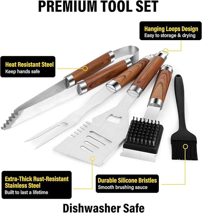 BBQ Grill Accessories Set, Grill Tools Grilling Accessories Grilling Gifts for Men - Spatula, Fork, Brush, Tongs & Cleaning Brush - Outdoor Barbecue Utensils Gifts for Men Dad Him (Wood)