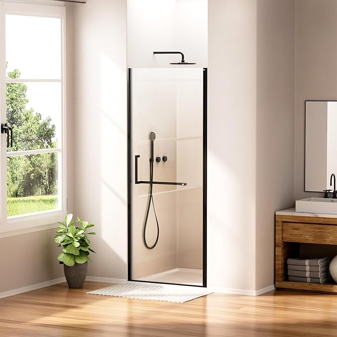 WinZo 29-30" W ×72" H Frameless Pivot Shower Door, Pivot Swing Shower Glass Doors with 1/4"(6mm) SGCC Clear Tempered Glass,Explosion-Proof Film, Reversible Installation, Matte Black
