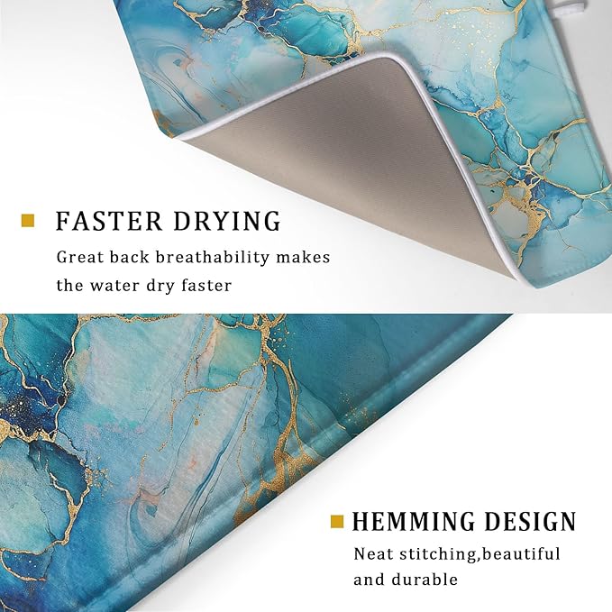 Marble Print Dish Drying Mat for Kitchen Counter,Blue Teal Turquoise Gold Drying Mat 18 x 24 Inch with Absorbent Reversible Microfiber Drying Pad for Coffee Bar