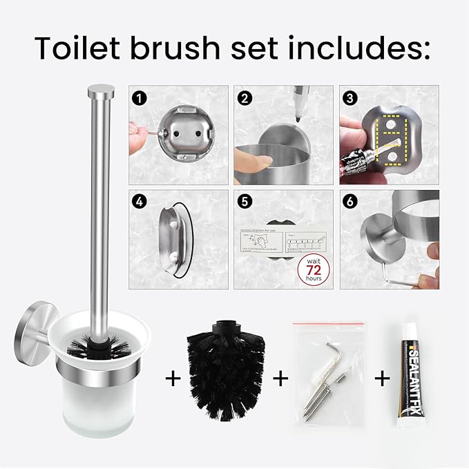 Dailyart Toilet Brush Holder Set: 2 Pack Bathroom Deep Cleaning - Stainless Steel & Glass Toilet Cleaner with Ergonomic Design - No Drilling Wall Mounting