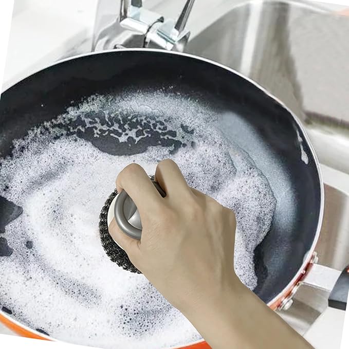 Stainless Steel Wool Scrubber with Handle, Heavy Duty Dish Scrubber, Steel Brush for Cleaning Pots, Pans, Grills, Sink (4 Pack)