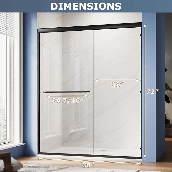 SUNNY SHOWER Double Sliding Glass Door 60" W x 72" H Shower Door 1/4" Tempered Glass Sliding Door Semi-Frameless Shower Glass Enclosure Bypass Walk in Shower Cabin, Matte Black
