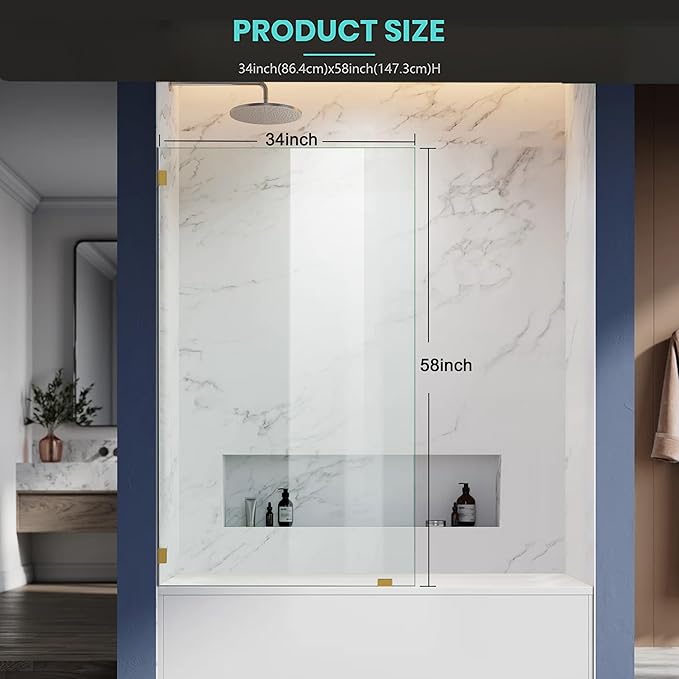 34" W x 58" H Frameless Single Fixed Bath Panel, Fixed Bathtub Screen with Clamps, 1/4" Clear Glass, Bathroom Shower Door Screen Fixed Tub Shower Glass Door Panel in Brushed Gold
