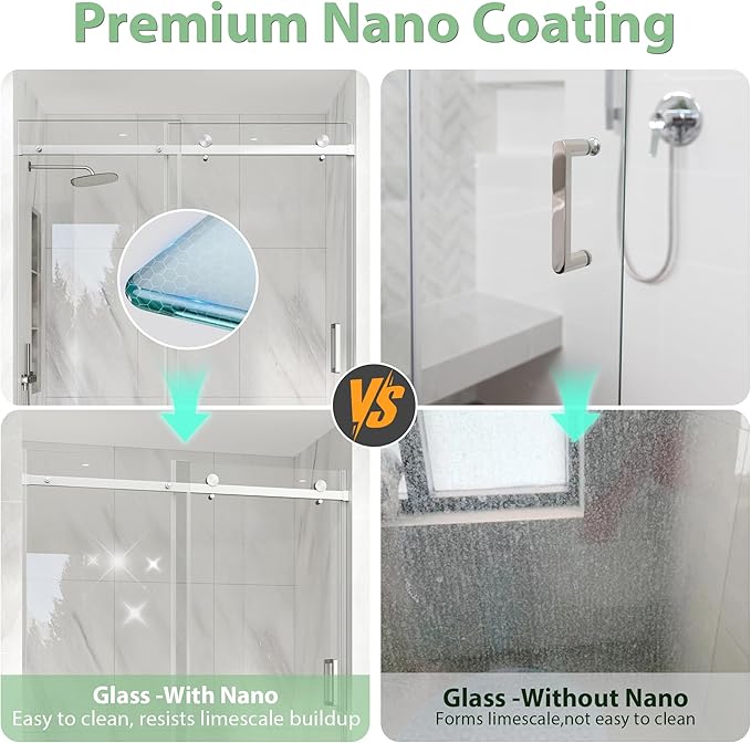 KPUY Frameless Shower Door, 49-54" W x 76" H Sliding Glass Shower Door, 1/4" (6mm) Thick Tempered Clear Glass with Explosion-Proof Film Nano Coating in Brushed Nickle Finish