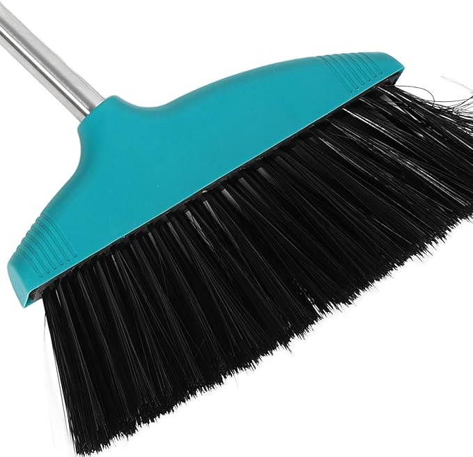 Household Soft Bristle Broom with Long Handle, Green Plastic Floor Sweeping Broom for Home and Garage Cleaning, Lightweight Indoor Outdoor Use
