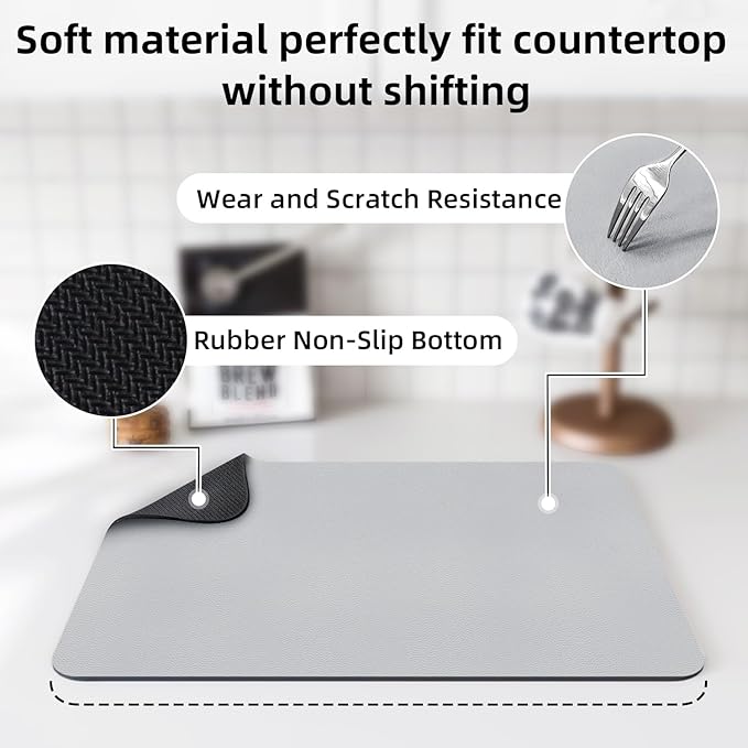 LOPNUR Kitchen Dish Drying Mat, 18"x16" Small Dish Drying Mats for Kitchen Counter, Super Absorbent Dish Drying Pad, Diatomite Coffee Mat Heat Resistant Mat with Anti-slip Rubber Backed, Light Grey