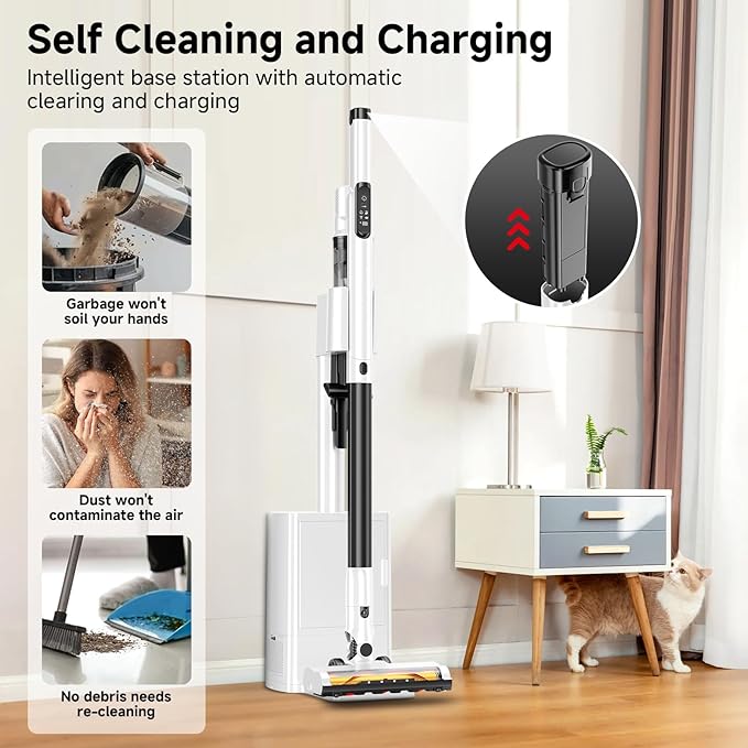 Cordless Stick Vacuum Cleaner with Auto Empty System Self-Charging Base, Powerful Suction for Pet Hair on Carpet & Hardfloor, Lightweight Anti-Tangled Handheld Vacuum, HEPA Filtration, Black