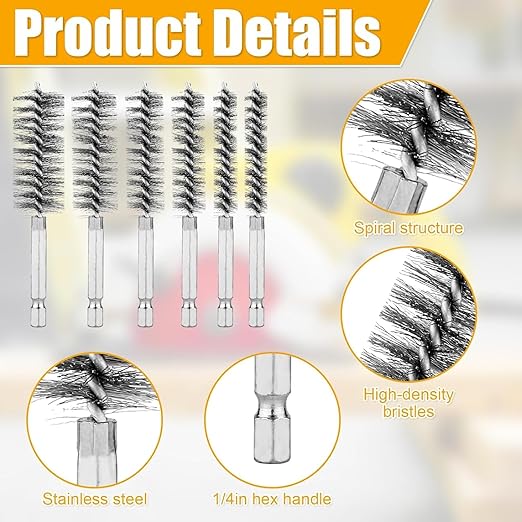 6-Pack Bore Brush Set Stainless Steel Wire Brush Bore Cleaning Brush Set for Power Drill Cleaning, Pipe Cleaning Brush Set Abrasive Wire Brush with 1/4" Hex Shank for Cleaning Tubes (13/19/25mm)