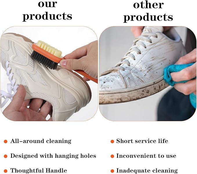2 in 1 Multifunctional Shoe Brushes, Orange Long Handle Shoe Cleaning Tools Supplies Soft Plastic Bristles 360° Thorough Cleaning for Suede & Nubuck Cleaning