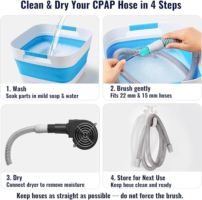 Complete CPAP Cleaning Kit with CPAP Hose Dryer, CPAP Dryer and Cleaning Supplies for 22 mm & 15 mm Tubing, CPAP Hose Cleaner Brush, Collapsible Wash Basin, and 2 Hooks (Ultra)