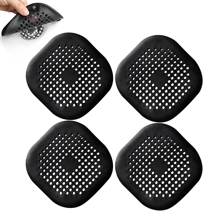 4 Pieces Shower Drain Hair Catcher Bathtub Stopper Home Drain Protectors Drain Cover with Sucker Water Trap Sink Cover for Bathroom Bathtub and Kitchen (Black)