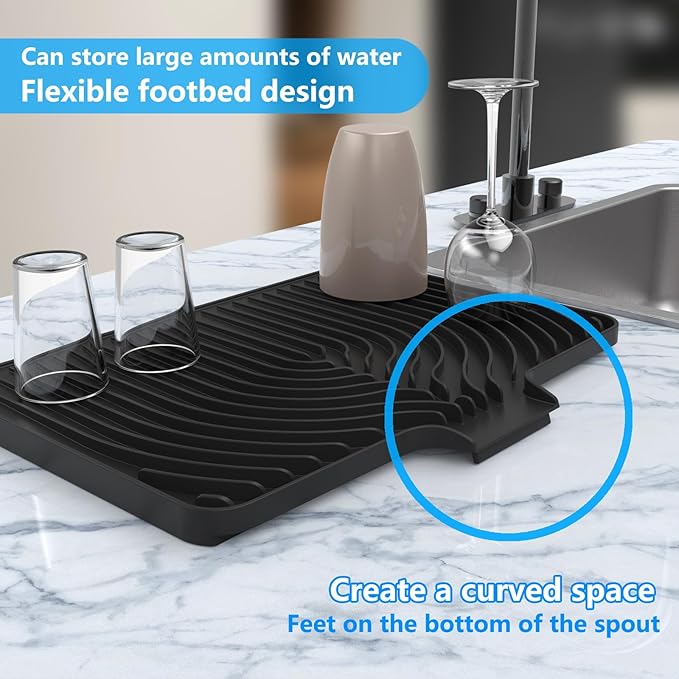 Kitchen Drying Mat for sink with a bulged edge,10"14"18"20"Silicone Dish Drying Mat with built-in Drain Spout, Rubber Dish Mat for Kitchen (18"×12"black)