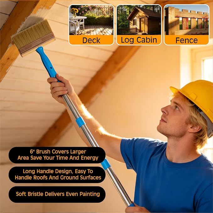 Deck Stain Brush, 3 PCS Wide Paint Brushes (4", 5", 6") for Faster Coverage with 1 Piece Extension Pole (33.5"), Stain Brushes for Wood, Deck, Walls, Fence and House
