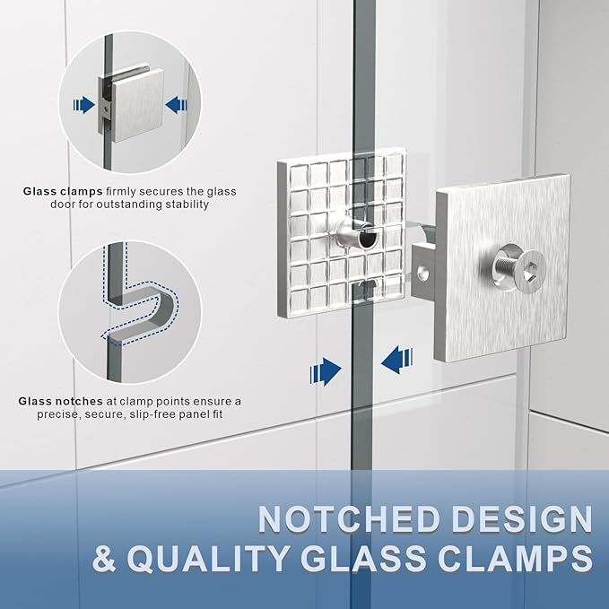 33" W ×80" H Shower Glass Panel, Frameless Fixed Glass Shower Panel with Clamps, 3/8" (10mm) Thick Clear Certified Tempered Shower Door, Bathroom Shower Screen in Brushed Nickel UKH07B2-33X80-BN