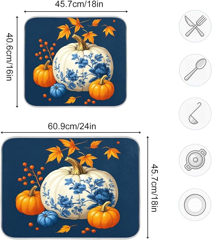 Pumpkin Porcelain Blue White Dish Drying Mat for Kitchen Countertop 18x24 Fall Maple Leaves Thanksgiving Day Large Drying Mat Reusable Quick Dry Dish Sink Mats Easy Clean Autumn Decorative Essentials