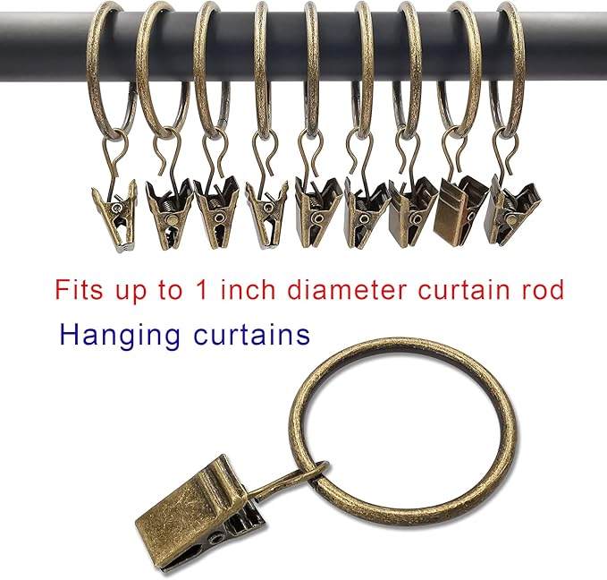 90 Pack Curtain Rings with Clips, Drapery Clips with Rings, Drapes Rings 1.26 in Interior Diameter, Fits up to 1 in Curtain Rod, Bronze