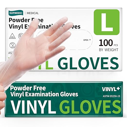 Vinyl Disposable Exam Gloves, Clear 4 Mil Powder-Free Latex-Free Medical Food-Safe Cooking Cleaning Glove, 100 Pcs (Large)