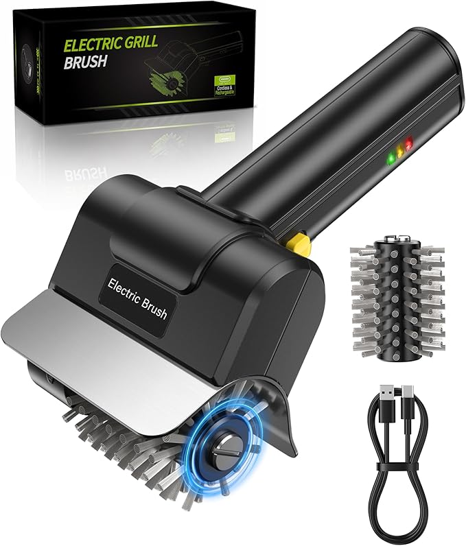 Cordless Electric BBQ Grill Cleaner – Rechargeable Electric BBQ Brush, 1500 RPM, 100-minute runtime, Comes with 1 Removable Replacement Brush Head, Suitable for Outdoor BBQ Grills.