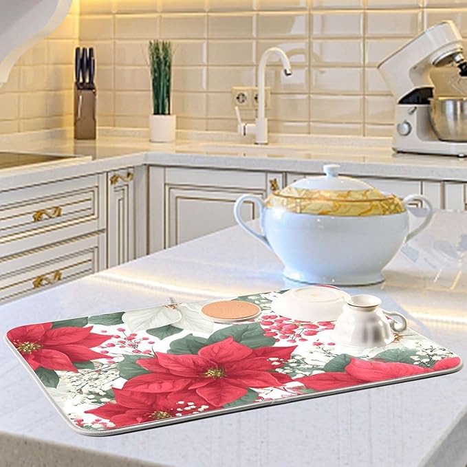 Red Poinsettias and Leaves Dish Drying Mat for Kitchen Counter Super Absorbent Drying Mat 18x24 inch Large Dish Drying Matts for Countertop Protector Dishes Pad