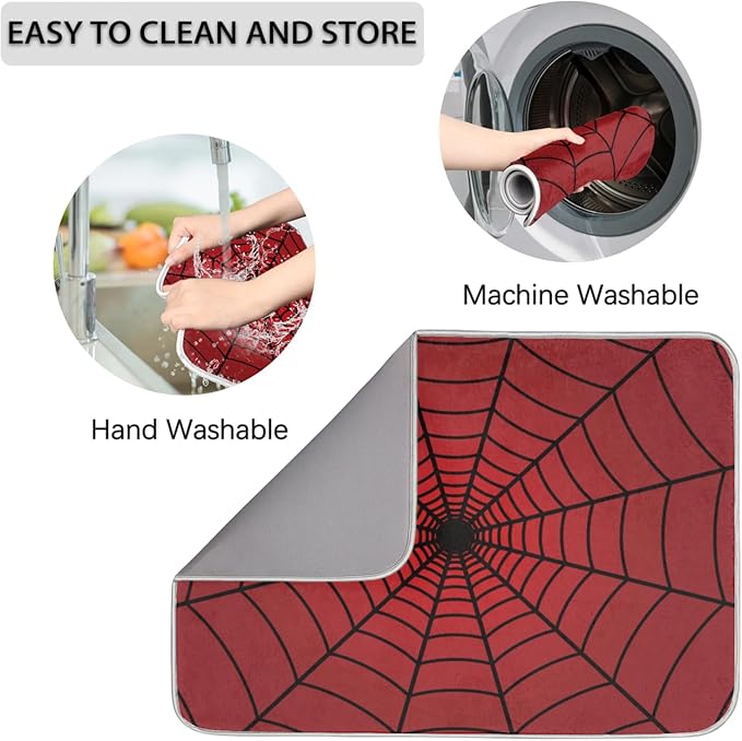 Dish Drying Mat for Kitchen Absorbent Drying Mat Reversible Dish Drying Pad Dish Drying Mats for Kitchen Counter Utensils Pots Water Cup Spiders Red Web