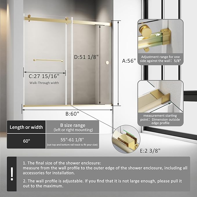 Bathtub Sliding Door 55"-60" W x 56" H Tub Shower Door, Frameless Bypass Bathtub Door Glass, Double Sliding Tempered Glass with Explosion-Proof Film Stainless Steel Gold